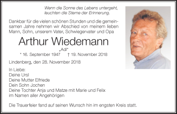 Traueranzeige von Arthur Wiedemann von Der Westallgäuer