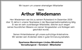 Traueranzeige von Arthur Wiedemann von Der Westallgäuer