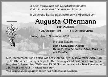 Traueranzeige von Augusta Offermann von Allgäuer Anzeigeblatt