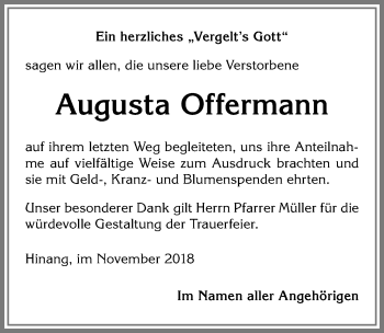 Traueranzeige von Augusta Offermann von Allgäuer Anzeigeblatt