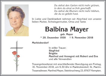 Traueranzeige von Balbina Mayer von Allgäuer Zeitung, Marktoberdorf