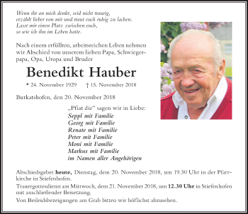 Traueranzeige von Benedikt Hauber von Der Westallgäuer