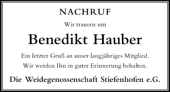 Traueranzeige von Benedikt Hauber von Der Westallgäuer