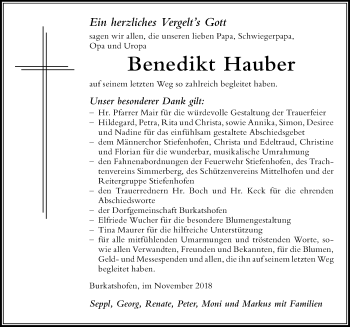 Traueranzeige von Benedikt Hauber von Der Westallgäuer