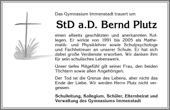 Traueranzeige von Bernd Plutz von Allgäuer Anzeigeblatt