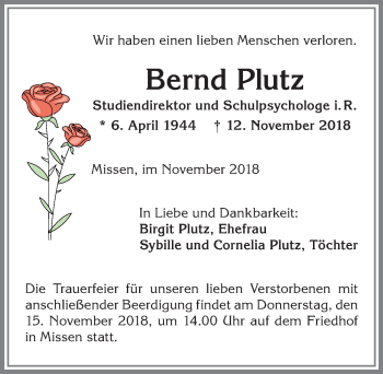 Traueranzeige von Bernd Plutz von Allgäuer Zeitung,Kempten