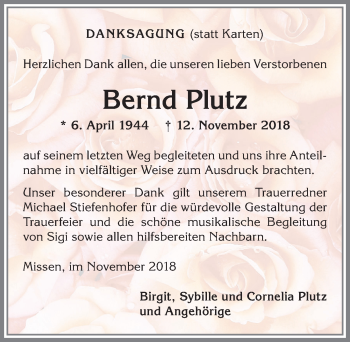 Traueranzeige von Bernd Plutz von Allgäuer Anzeigeblatt