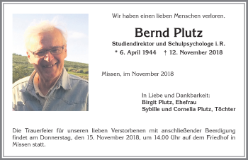 Traueranzeige von Bernd Plutz von Allgäuer Anzeigeblatt