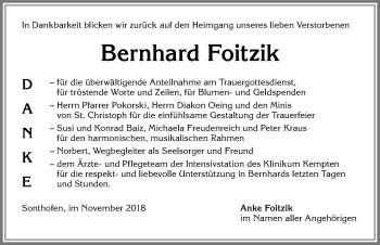 Traueranzeige von Bernhard Foitzik von Allgäuer Anzeigeblatt