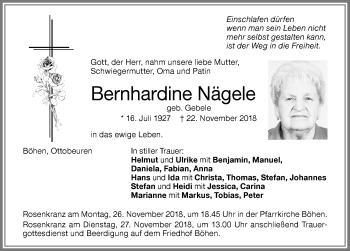 Traueranzeige von Bernhardine Nägele von Memminger Zeitung