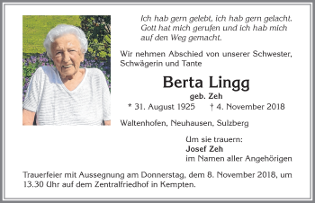 Traueranzeige von Berta Lingg von Allgäuer Zeitung,Kempten
