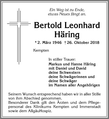 Traueranzeige von Bertold Leonhard Häring von Allgäuer Zeitung,Kempten
