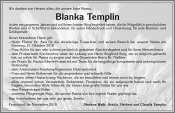 Traueranzeige von Blanka Templin von Allgäuer Zeitung,Kempten