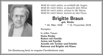 Traueranzeige von Brigitte Braun von Allgäuer Zeitung,Kempten