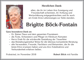 Traueranzeige von Brigitte Böck-Fontain von Allgäuer Zeitung,Kempten