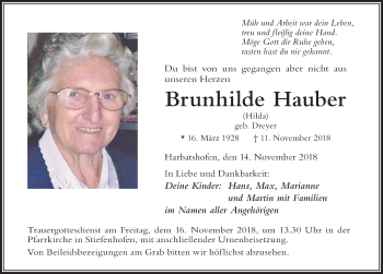 Traueranzeige von Brunhilde Hauber von Der Westallgäuer