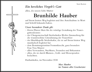 Traueranzeige von Brunhilde Hauber von Der Westallgäuer