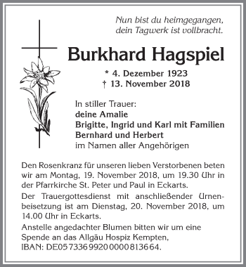 Traueranzeige von Burkhard Hagspiel von Allgäuer Anzeigeblatt