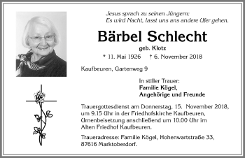 Traueranzeige von Bärbel Schlecht von Allgäuer Zeitung, Kaufbeuren/Buchloe