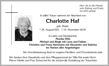 Traueranzeige von Charlotte Haf von Allgäuer Zeitung, Füssen
