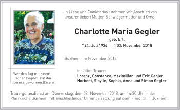 Traueranzeige von Charlotte Maria Gegler von Memminger Zeitung
