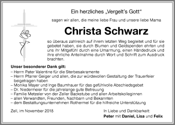 Traueranzeige von Christa Schwarz von Memminger Zeitung