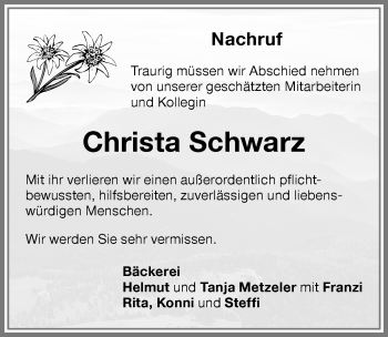 Traueranzeige von Christa Schwarz von Memminger Zeitung