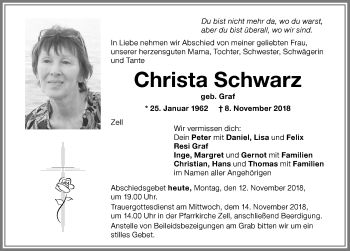 Traueranzeige von Christa Schwarz von Memminger Zeitung