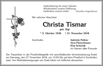 Traueranzeige von Christa Tismar von Allgäuer Anzeigeblatt