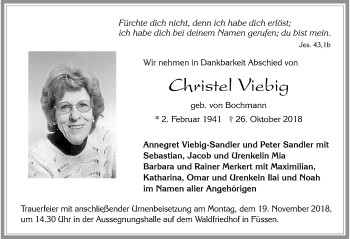 Traueranzeige von Christel Viebig von Allgäuer Zeitung, Füssen