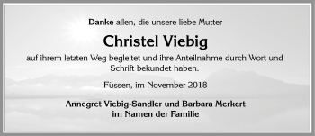 Traueranzeige von Christel Viebig von Allgäuer Zeitung, Füssen