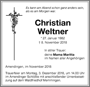 Traueranzeige von Christian Weltner von Memminger Zeitung