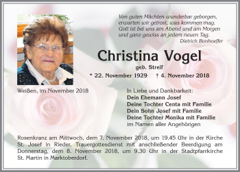 Traueranzeige von Christina Vogel von Allgäuer Zeitung, Marktoberdorf