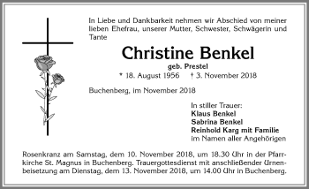 Traueranzeige von Christine Benkel von Allgäuer Zeitung,Kempten