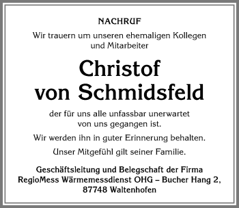 Traueranzeige von Christof von Schmidsfeld von Allgäuer Zeitung,Kempten
