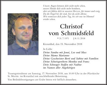 Traueranzeige von Christog von Schmidsfeld von Allgäuer Zeitung,Kempten