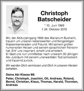 Traueranzeige von Christoph Batscheider von Memminger Zeitung