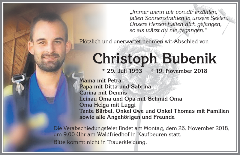  Traueranzeige für Christoph Bubenik vom 24.11.2018 aus Allgäuer Zeitung, Kaufbeuren/Buchloe