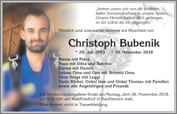 Traueranzeige von Christoph Bubenik von Allgäuer Zeitung, Kaufbeuren/Buchloe