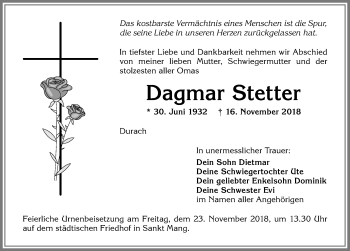 Traueranzeige von Dagmar Stetter von Allgäuer Zeitung,Kempten