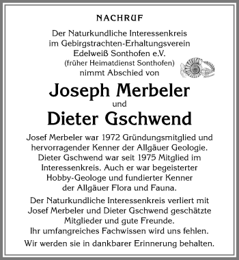Traueranzeige von Dieter Gschwend von Allgäuer Anzeigeblatt