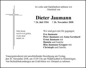 Traueranzeige von Dieter Jaumann von Memminger Zeitung