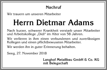Traueranzeige von Dietmar Adams von Allgäuer Zeitung, Füssen