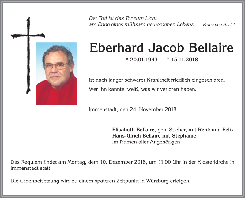  Traueranzeige für Eberhard Jacob Bellaire vom 24.11.2018 aus Allgäuer Anzeigeblatt