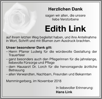 Traueranzeige von Edith Link von Memminger Zeitung
