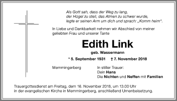 Traueranzeige von Edith Link von Memminger Zeitung