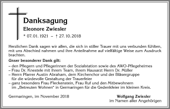 Traueranzeige von Eleonore Zwiesler von Allgäuer Zeitung, Kaufbeuren/Buchloe