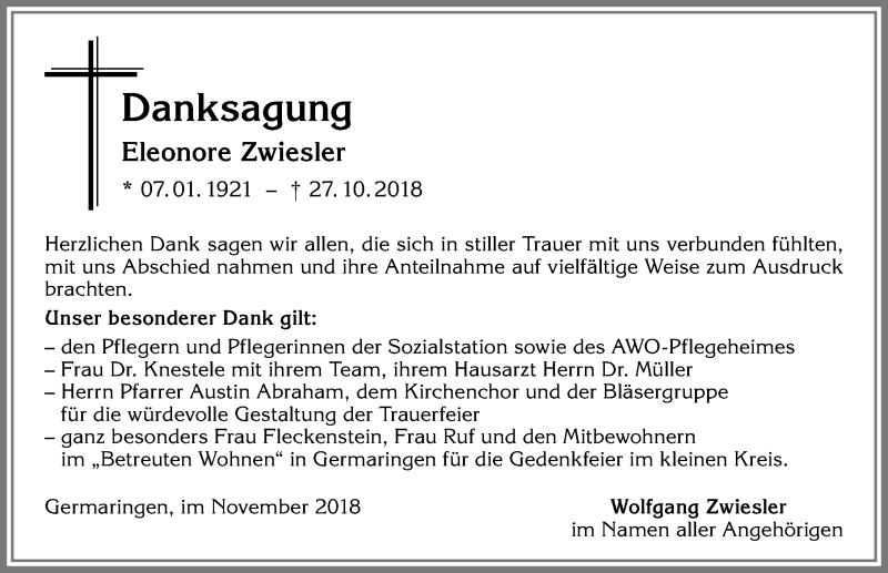  Traueranzeige für Eleonore Zwiesler vom 24.11.2018 aus Allgäuer Zeitung, Kaufbeuren/Buchloe