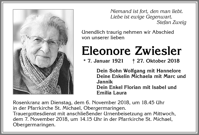  Traueranzeige für Eleonore Zwiesler vom 05.11.2018 aus Allgäuer Zeitung, Kaufbeuren/Buchloe