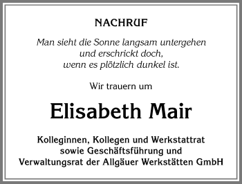 Traueranzeige von Elisabeth Mair von Allgäuer Zeitung,Kempten